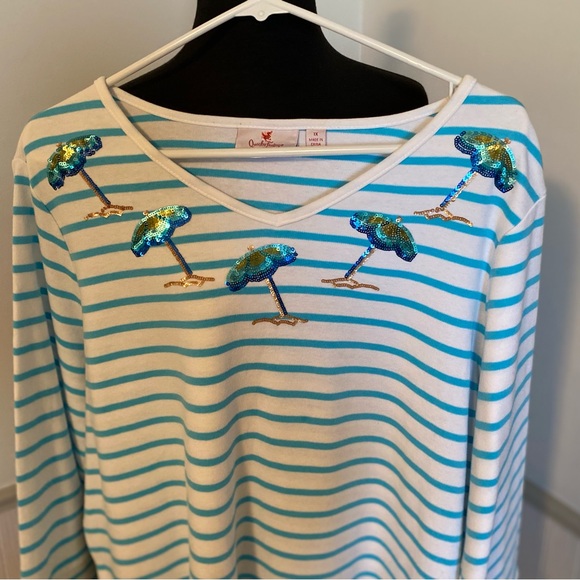 Quaker Factory Sequined Umbrellas Striped Top 1X - Picture 2 of 7